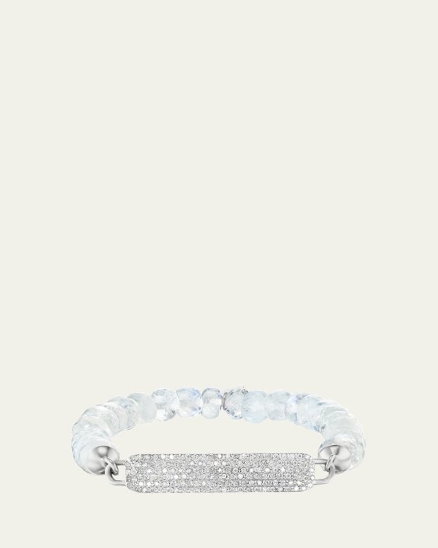 Pave Diamond Small ID Tag on 8mm Rainbow Moonstone Bead Bracelet